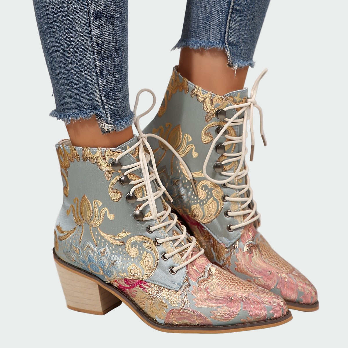 Floral print leather ankle boots