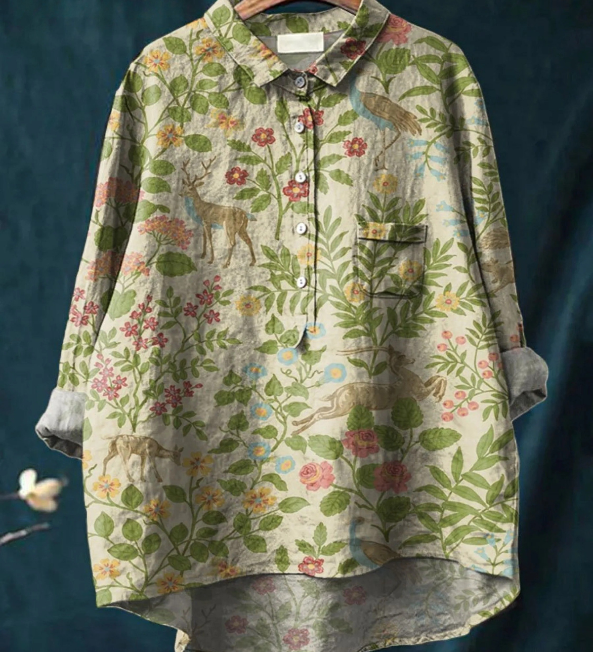 Georgina - Vintage Casual Košulja s Cvjetnim i Životinjskim Uzorkom