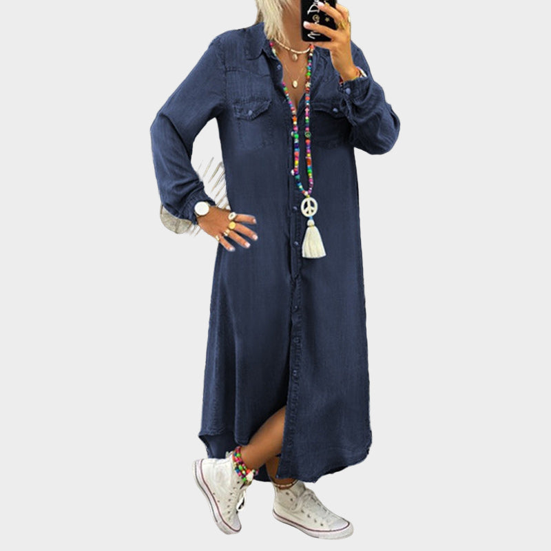 Long-sleeved denim maxi dress