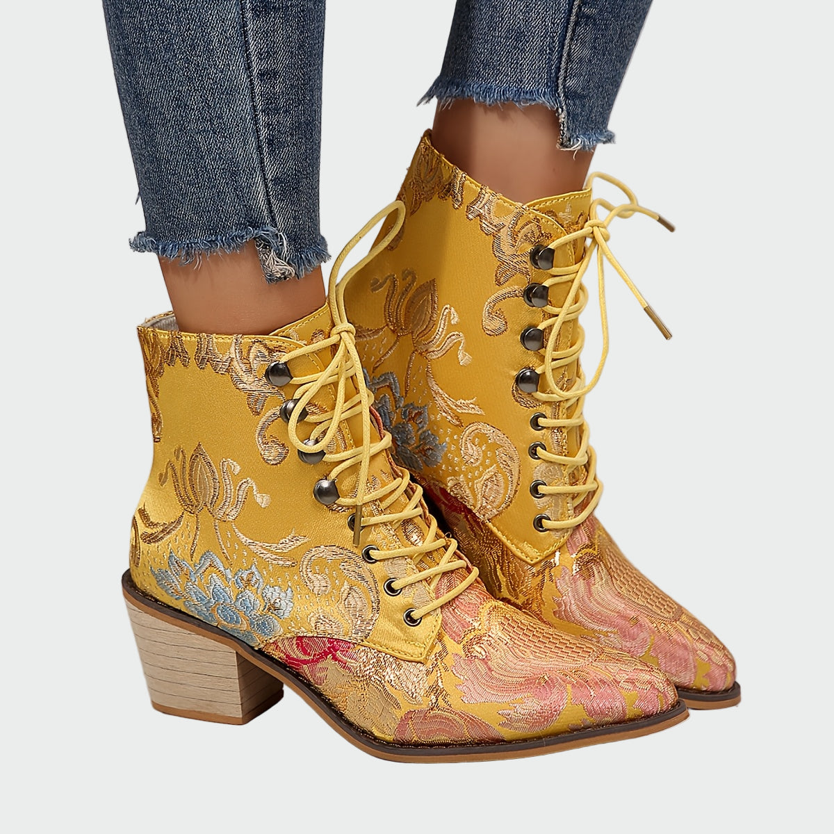 Floral print leather ankle boots