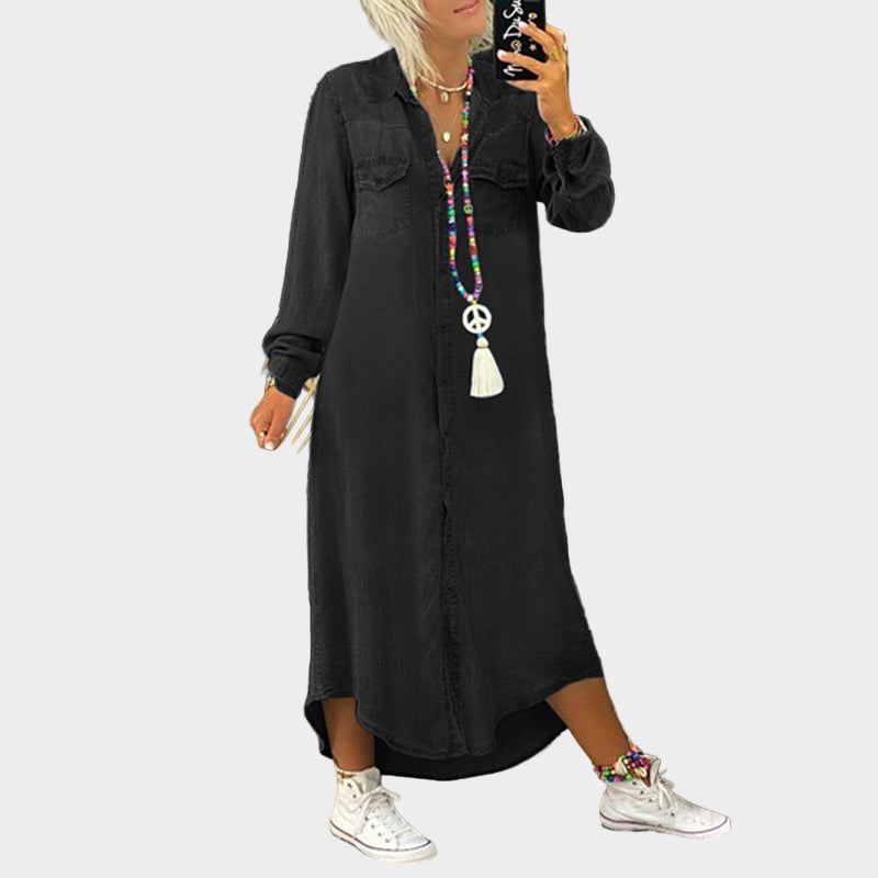 Long-sleeved denim maxi dress