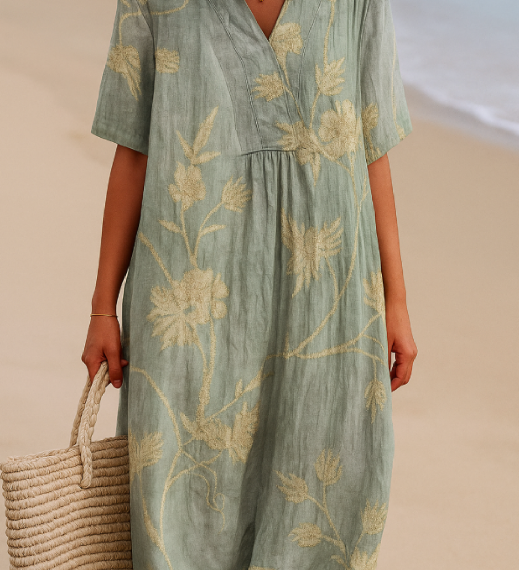 Dress Blue-Gray with Floral Embroidered Pattern