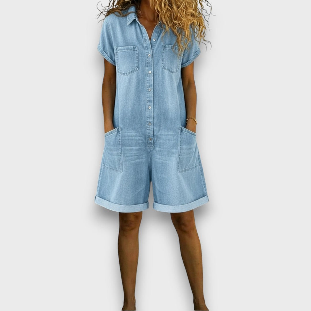 Short vintage denim-look cotton jumpsuit