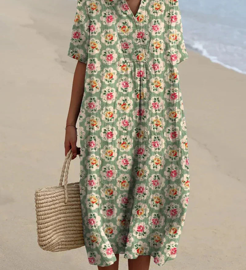 Eulállia - Floral Retro Dress in Turquoise