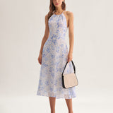 Clarice Midi Dress Blue with Floral Pattern